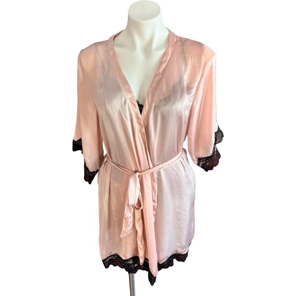 Pink Robe with Black Lace Trim and Black Chemise 2 Piece Set Sz S - Picture 3 of 8